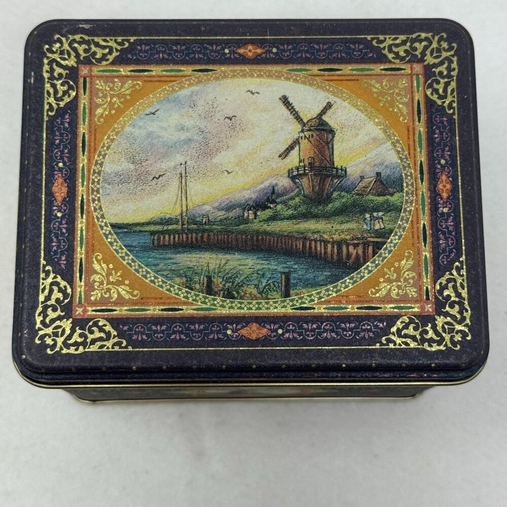 Vintage Square Tin Box Dutch Windmill Blue Gold Accents Lid Cottagecore Storage - Picture 2 of 9